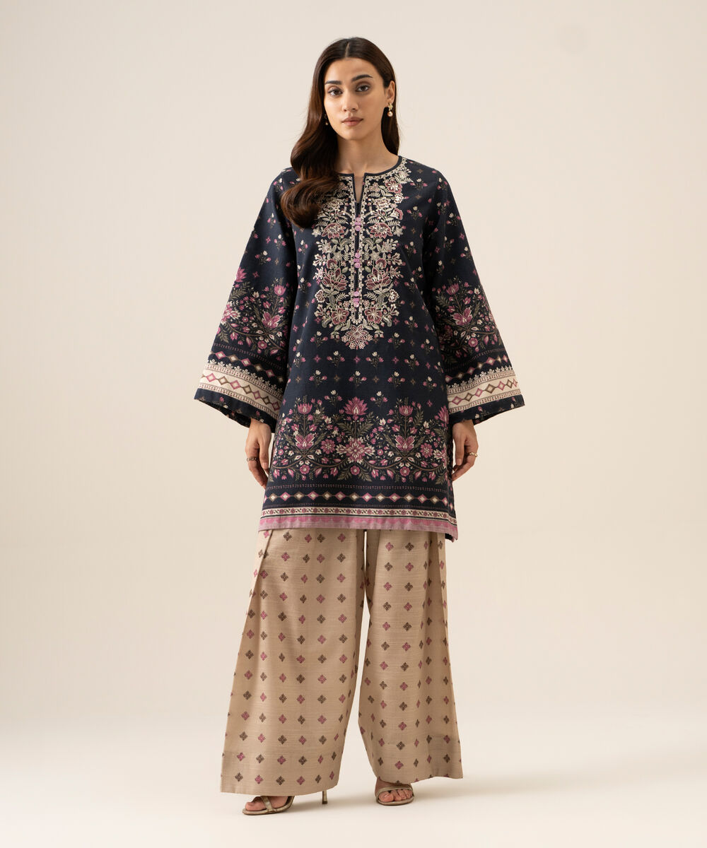 Women's Unstitched Light Khaddar Embroidered Plum 2 Piece Suit