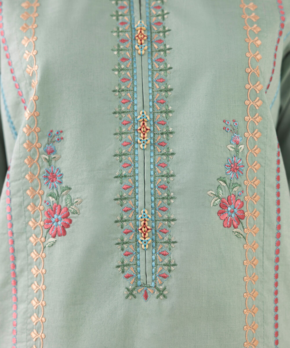 Women's Unstitched Cotton Embroidered Green Two Piece Suit