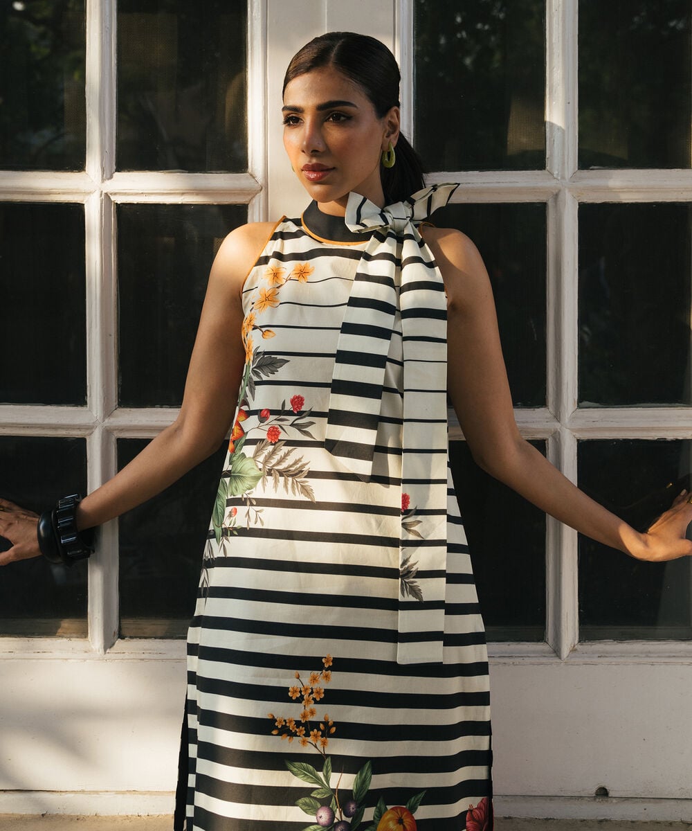 Women's Unstitched Lawn Printed White and  Black 2 Piece Suit