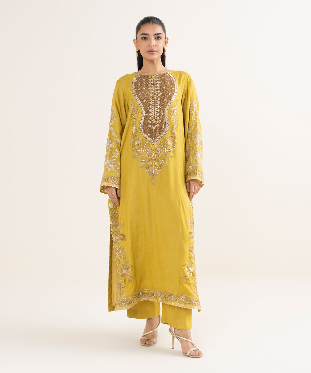 Women's RTW Viscose Raw Silk Embroidered Yellow 2 Piece Suit