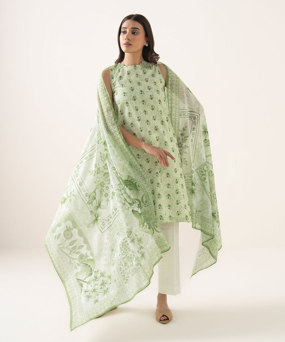 Women's Unstitched Lawn Printed Green 3 Piece Suit