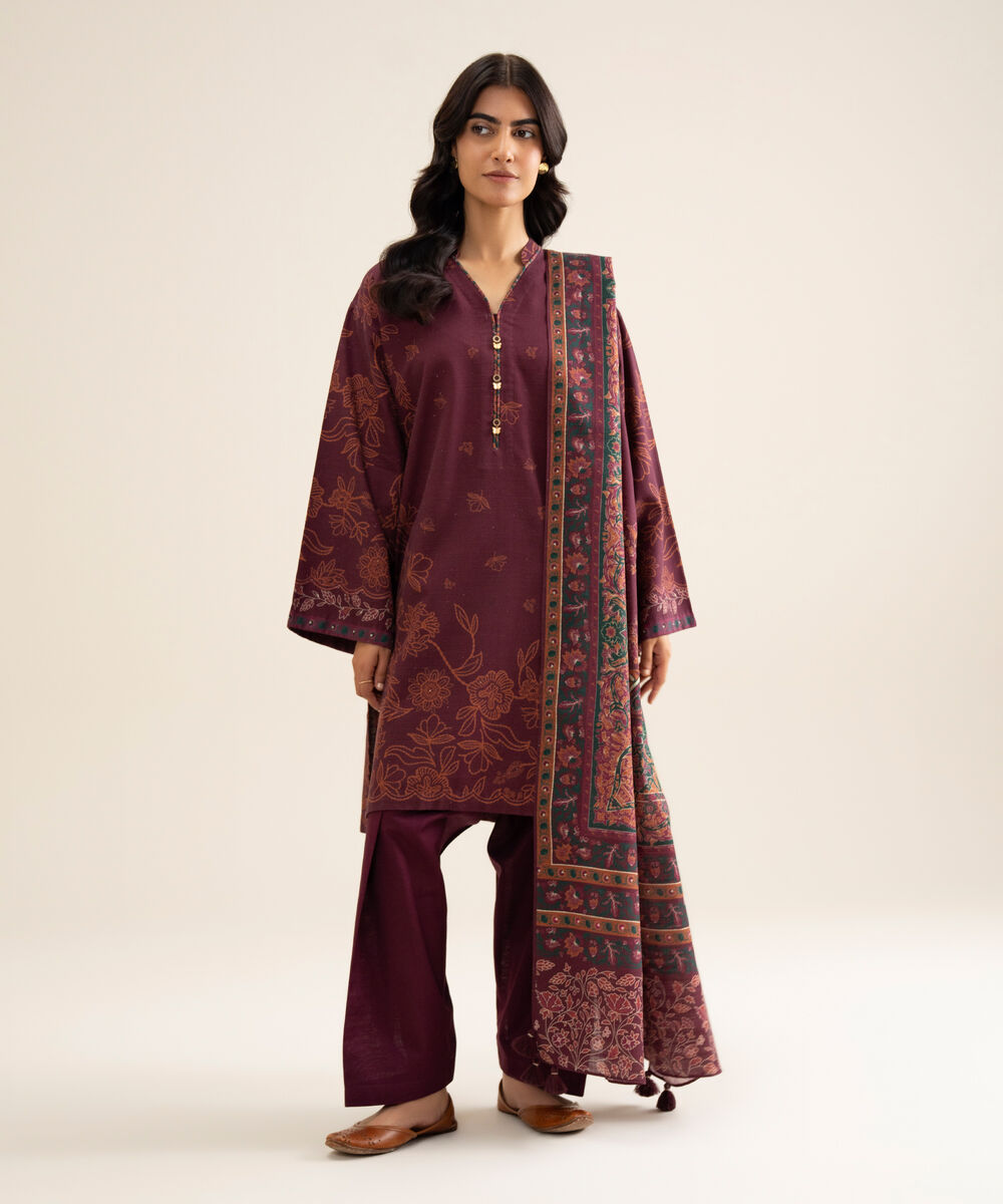 Women's Unstitched Lawn Printed Maroon 3 Piece Suit