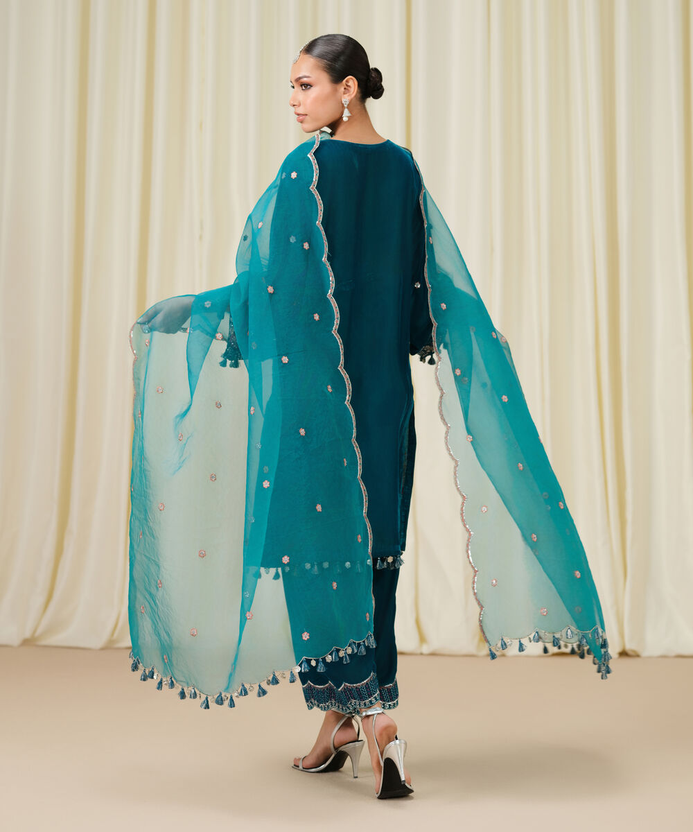 Women's Unstitched Embroidered Velvet Teal Blue 3 Piece Suit