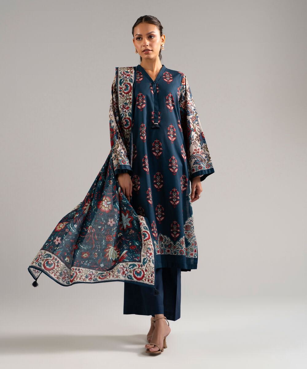 Women's RTW Slub Lawn Printed Blue 3 Piece Suit