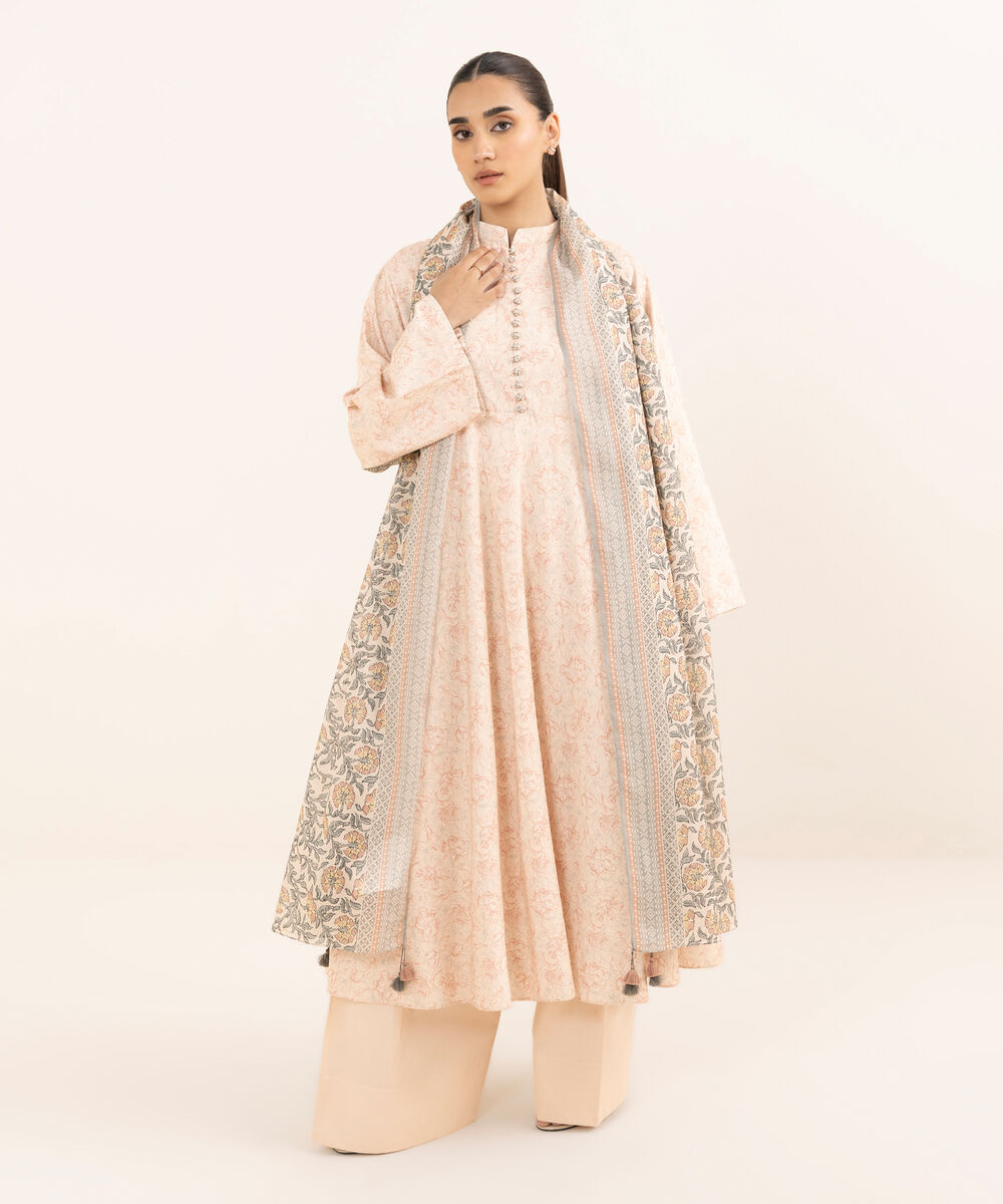 Women's Unstitched Lawn Printed Pink Three Piece Suit