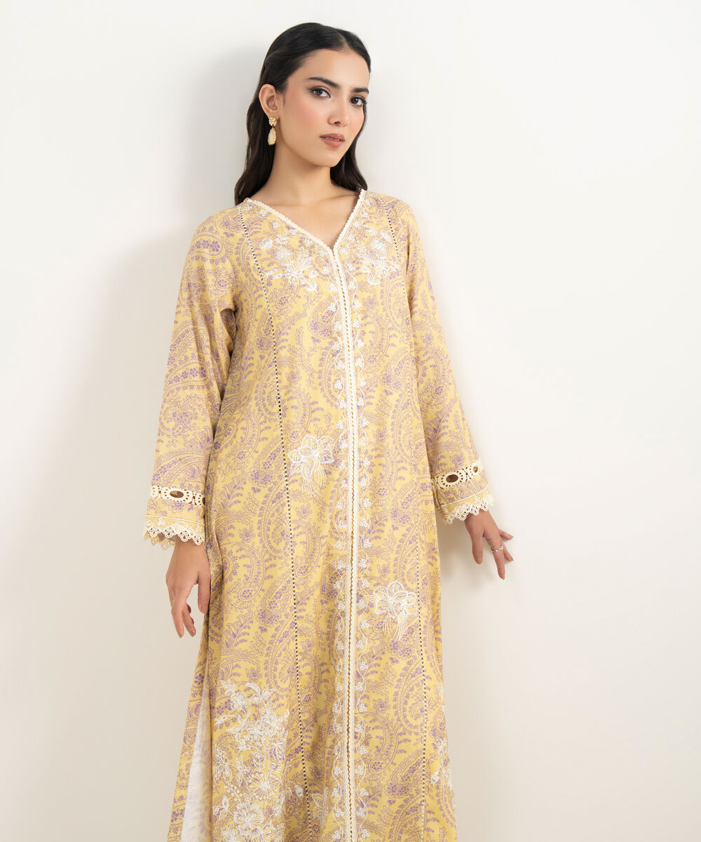 Women's RTW Viscose Raw Silk Embroidered Yellow A-Line Shirt