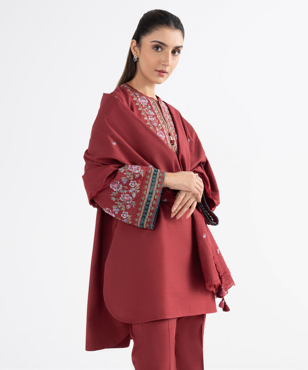 Women's Unstitched Cotton Embroidered Red 3 Piece Suit