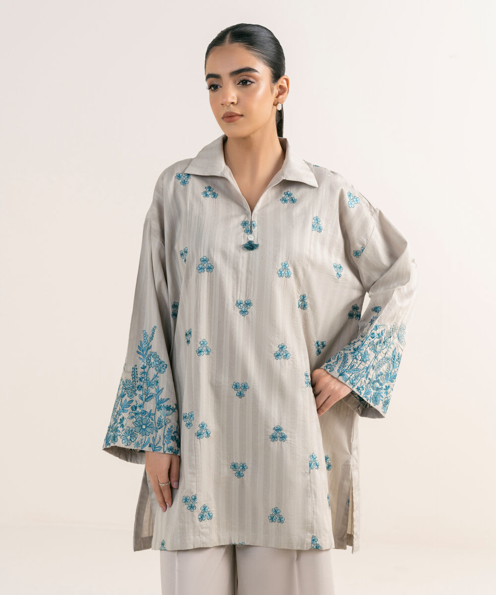 Women's RTW Textured Lawn Grey Embroidered Drop Shoulder Shirt