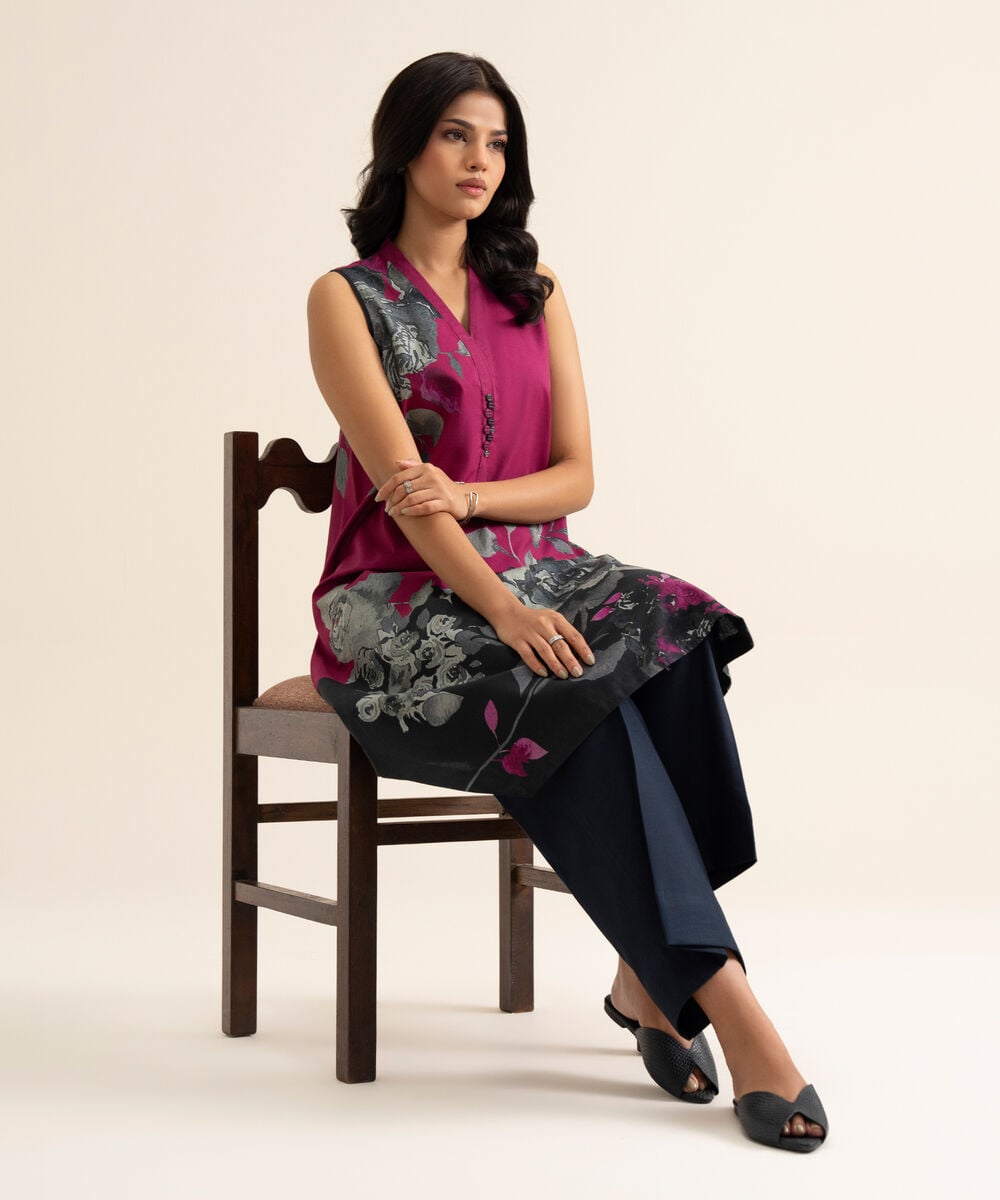 Women's Unstitched Cotton Printed Pink 2 Piece Suit