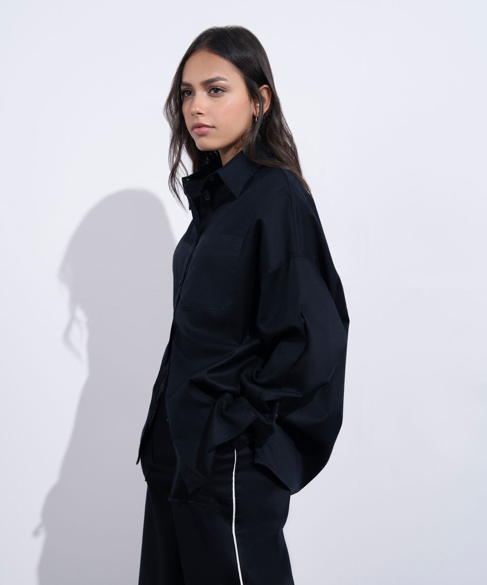 Women's Western Wear Black Oversized Linen Blend Shirt