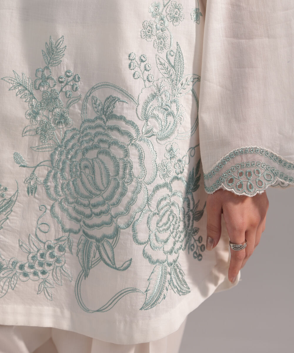 Women's RTW Crosshatch Embroidered Off White Straight Shirt