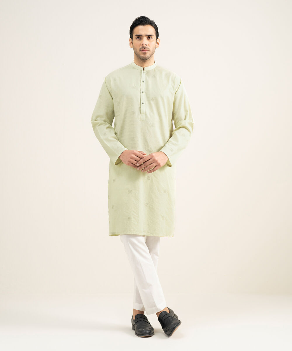 Men's Stitched Cotton Dobby Lime Kurta