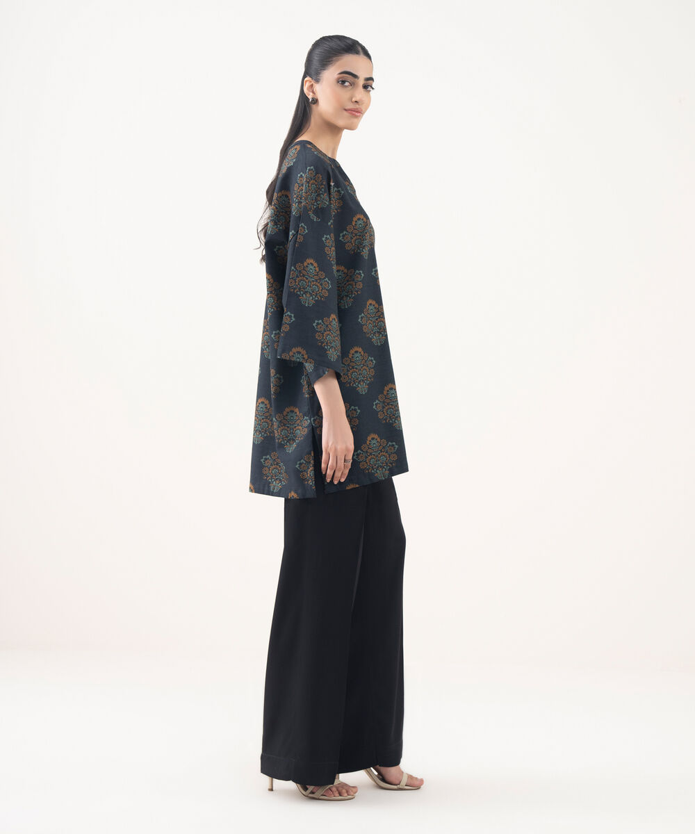 Women's RTW Cotton Viscose Blue Printed Drop Shoulder Shirt