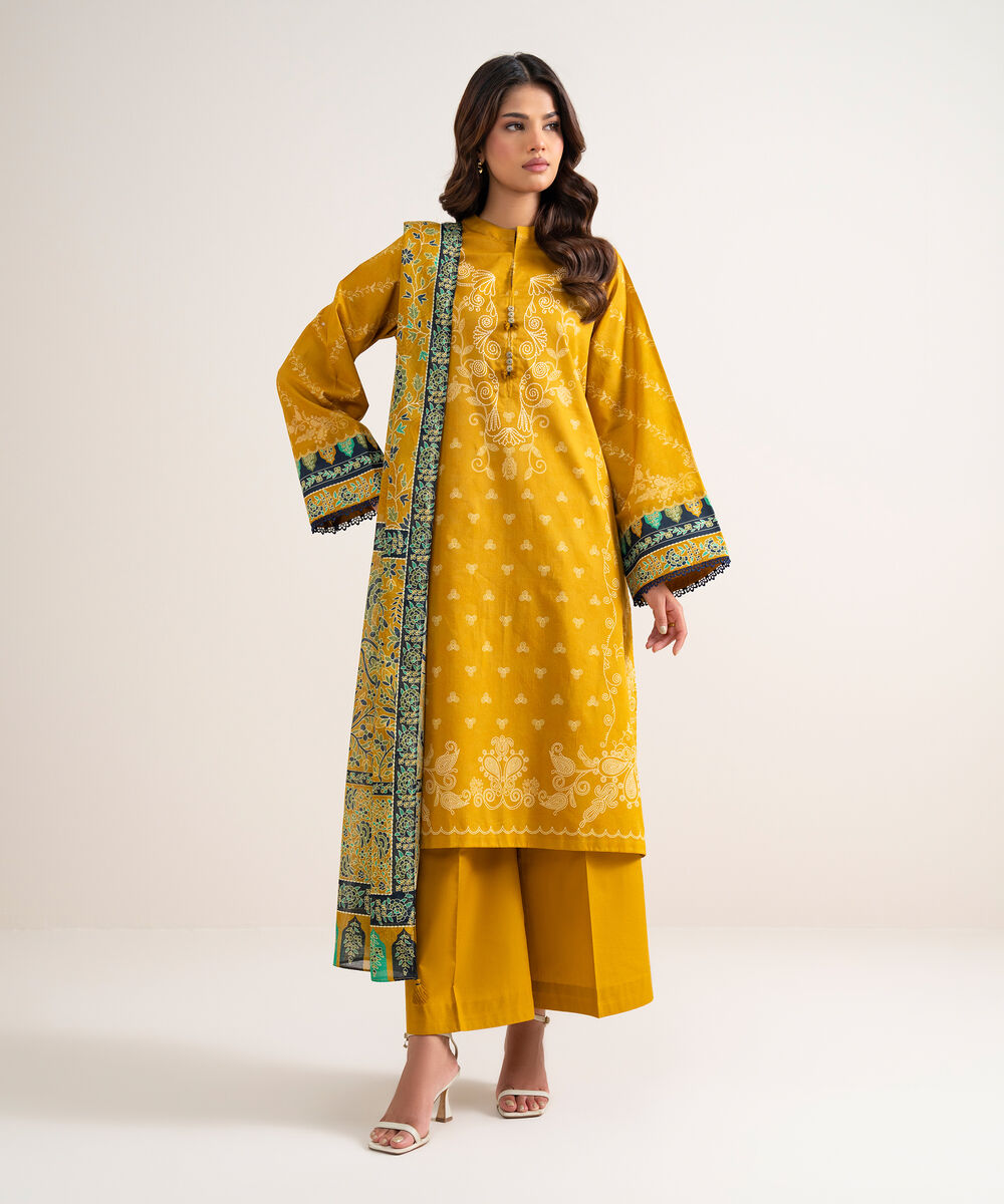 Women's Unstitched Printed Lawn Mustard 3 Piece Suit