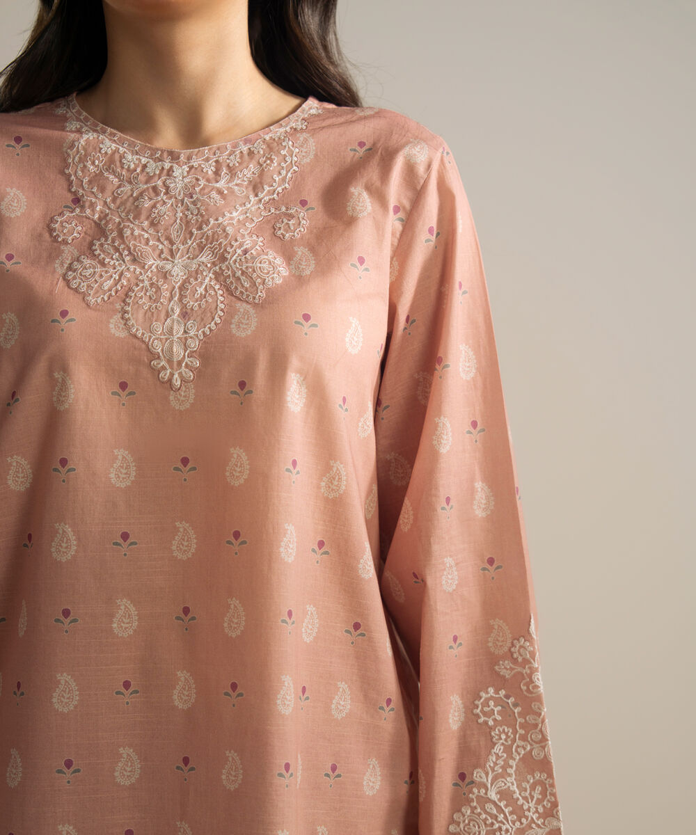 Women's RTW Slub Lawn Embroidered Pink Straight Shirt