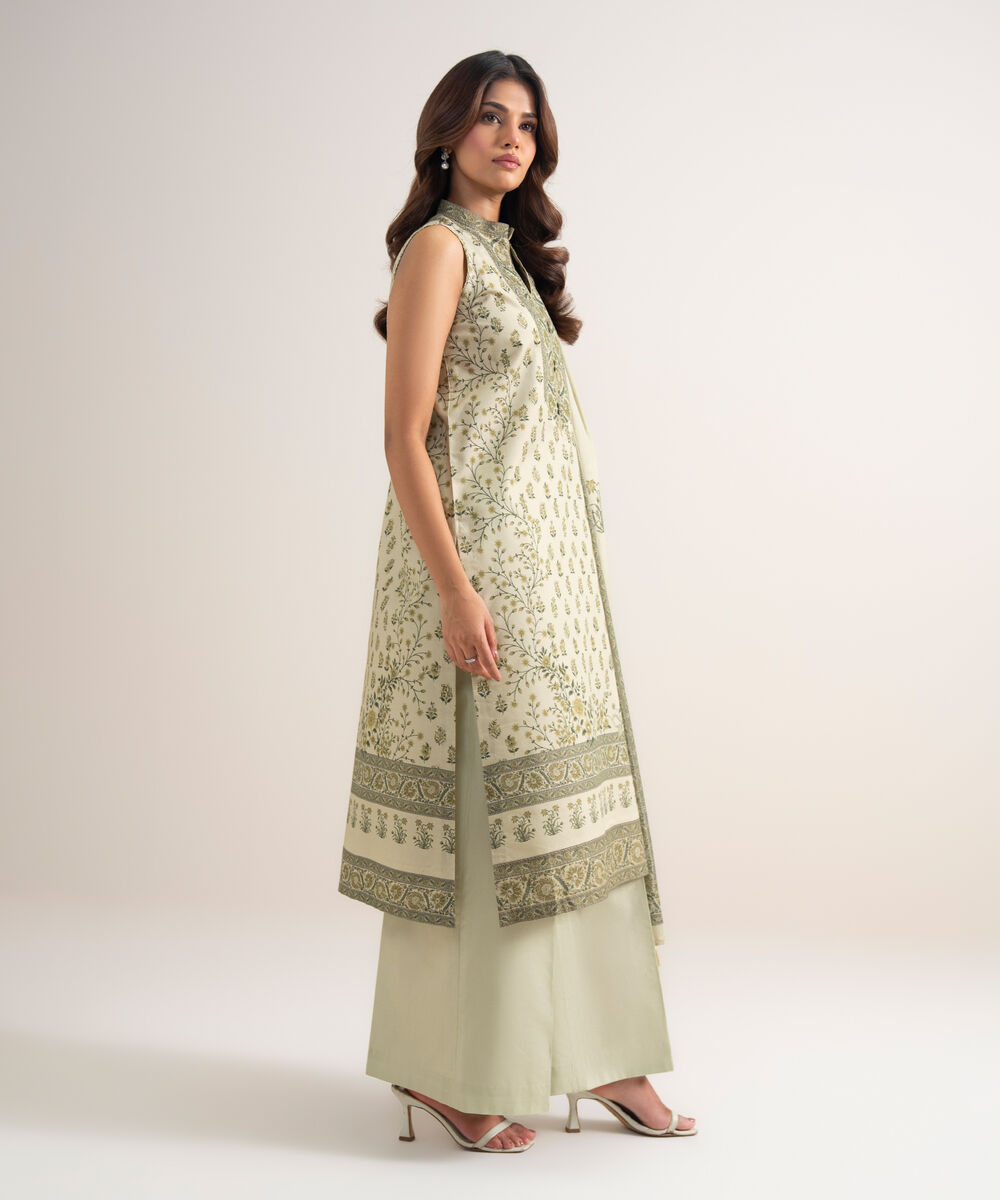 Women's Unstitched Zari Lawn Printed Beige 3 Piece Suit