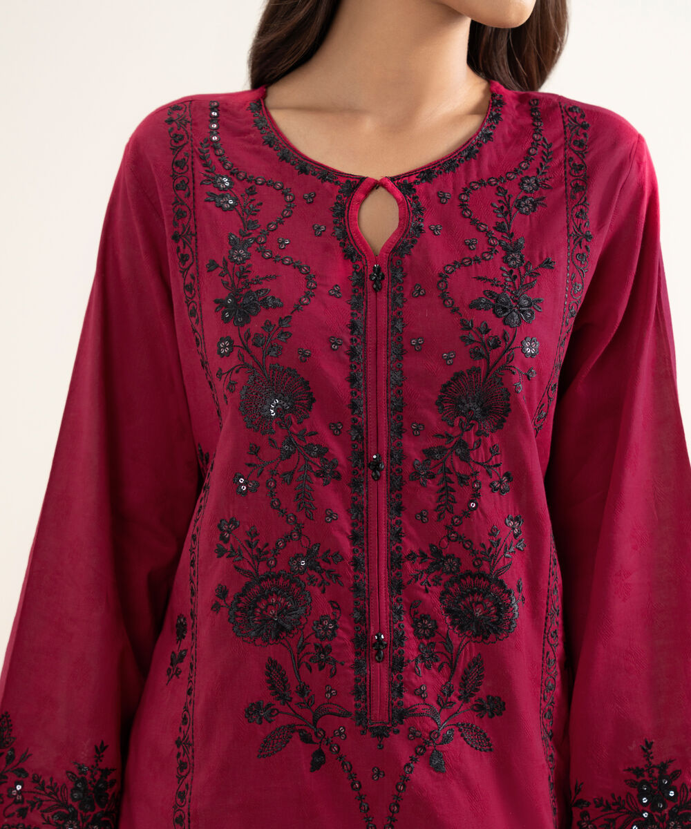 Women's RTW Self Jacquard Embroidered Red A-Line Shirt