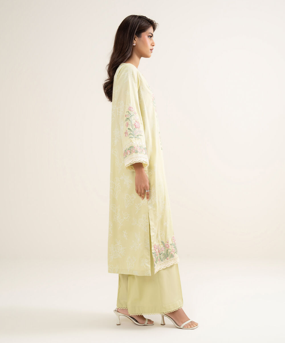 Women's RTW Premium Cotton Satin Embroidered Yellow A-Line Shirt