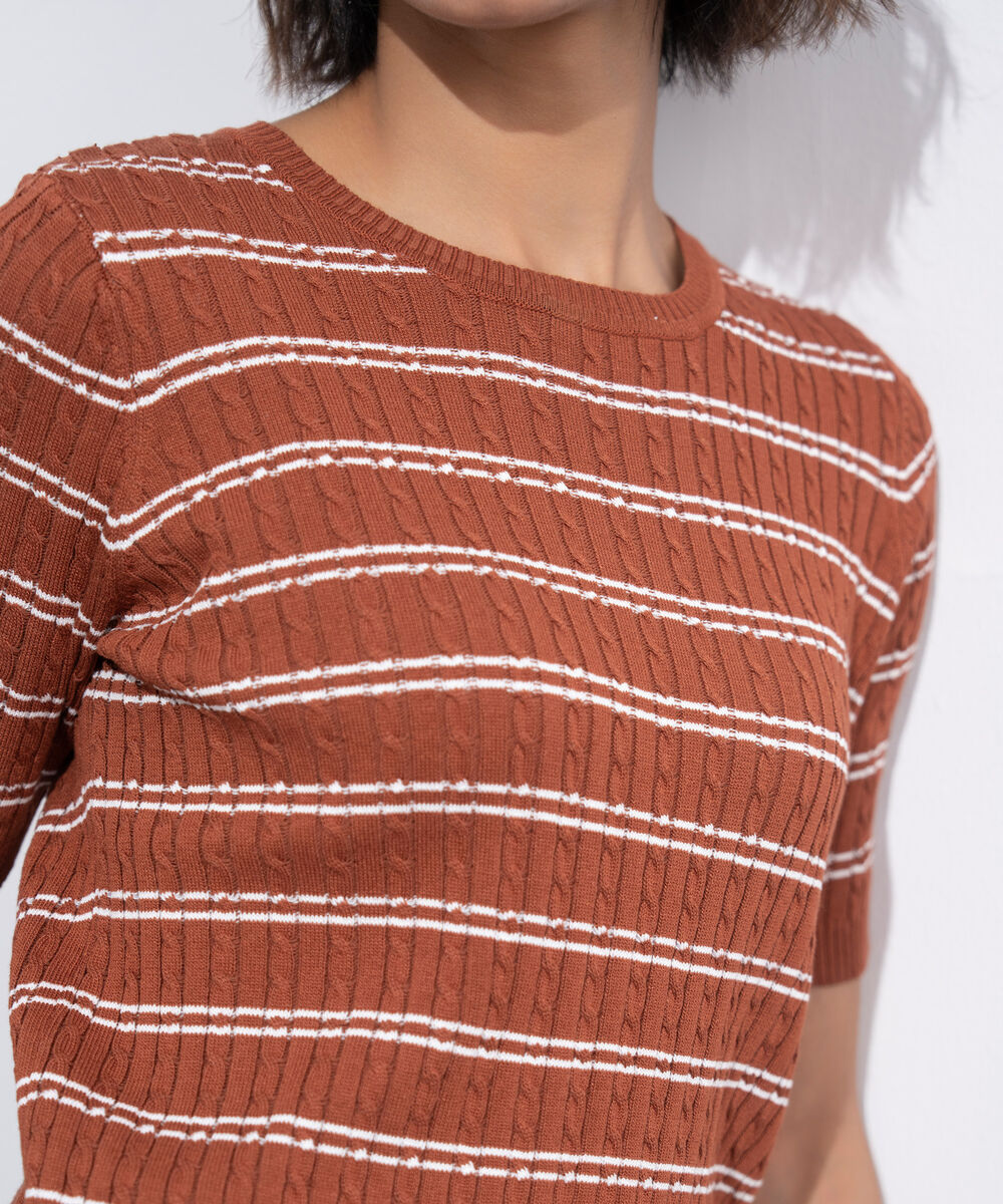 Women's Western Wear Brown Short Sleeve Striped Sweater