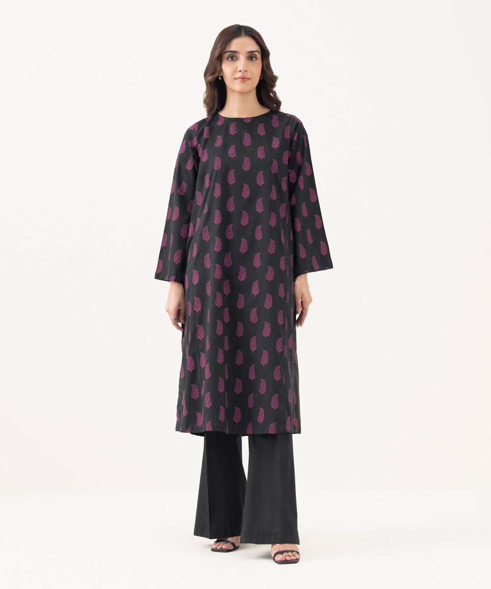 Women's RTW Cotton Viscose Printed A-Line Black Shirt