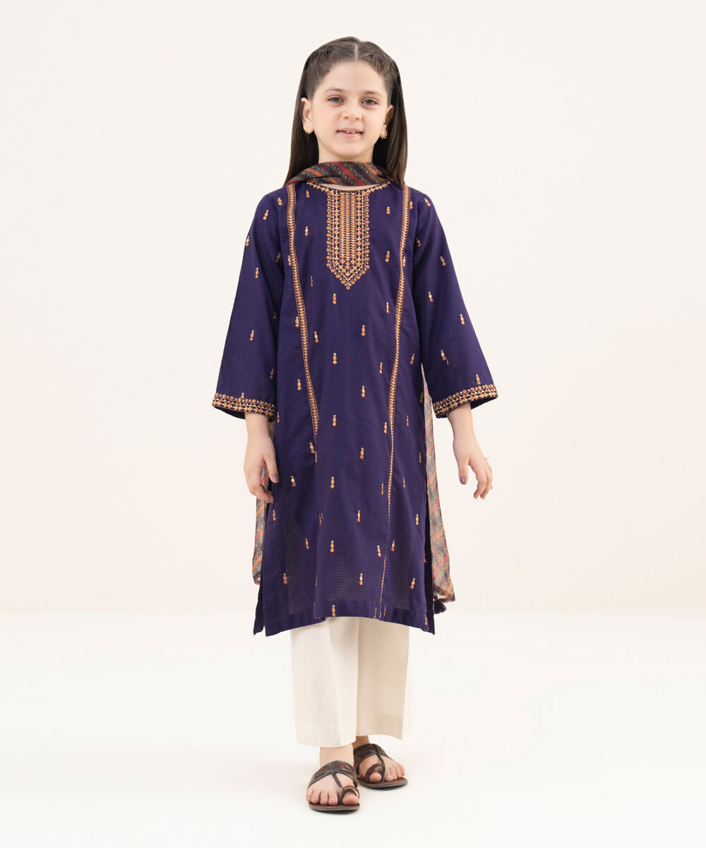 Girls Two Piece Embroidered Textured Lawn Shirt Dupatta