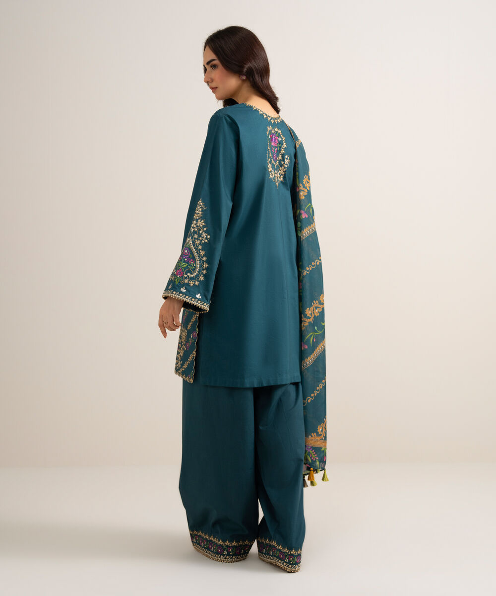 Women's Unstitched Embroidered Cotton Viscose Teal Green 3 Piece Suit
