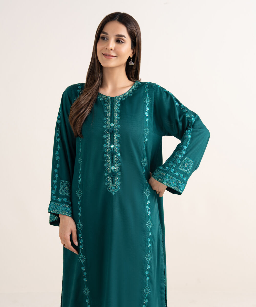 Women's RTW Textured Cotton Green Embroidered A-Line Shirt