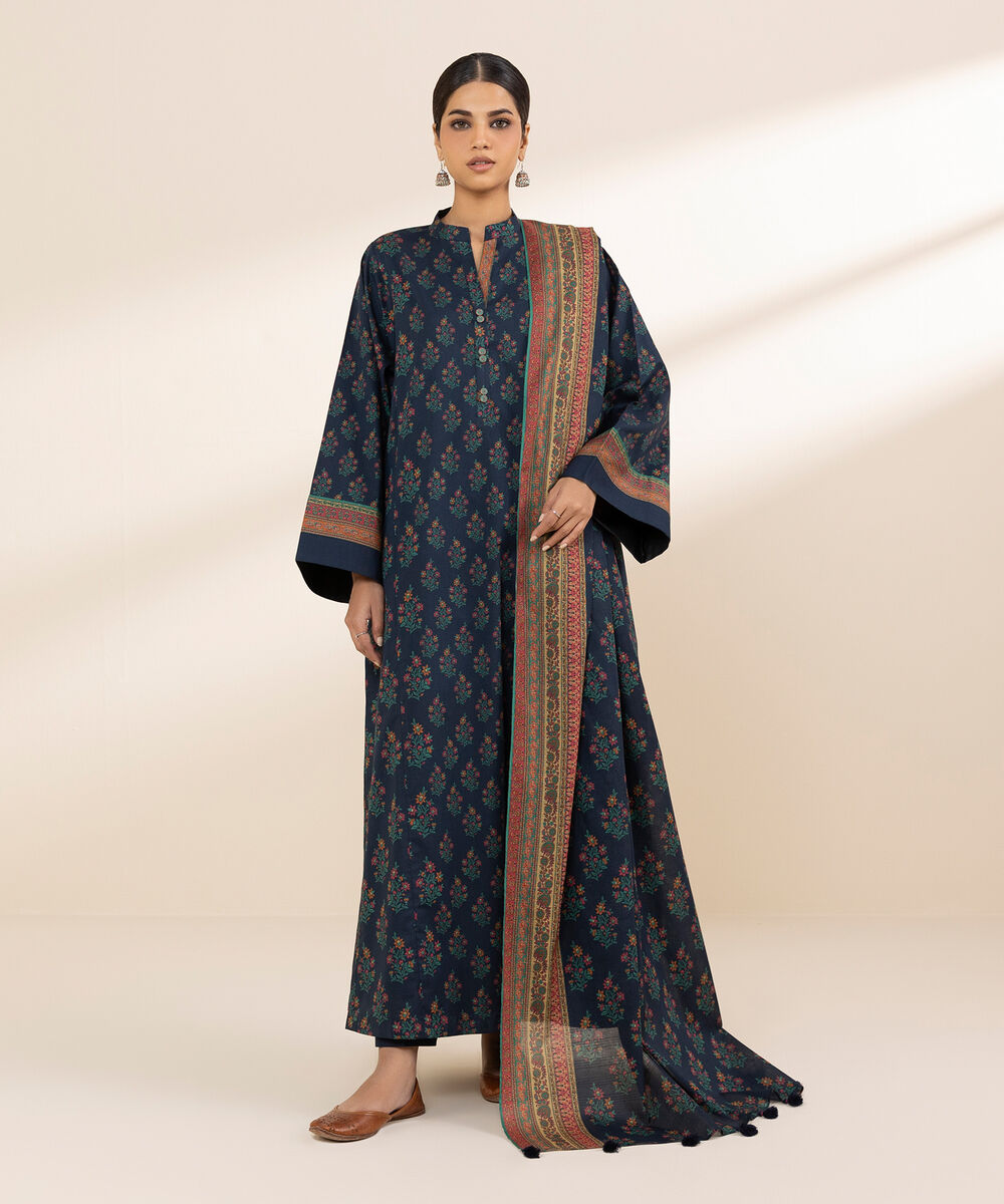 Women's Unstitched Lawn Printed Blue 3 Piece Suit