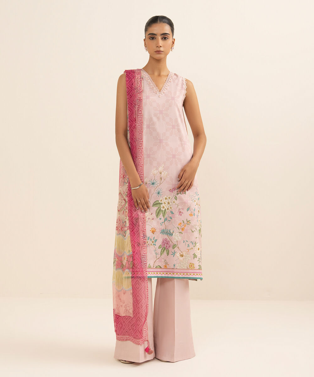 Women's Unstitched Lawn Printed Pink 3 Piece Suit