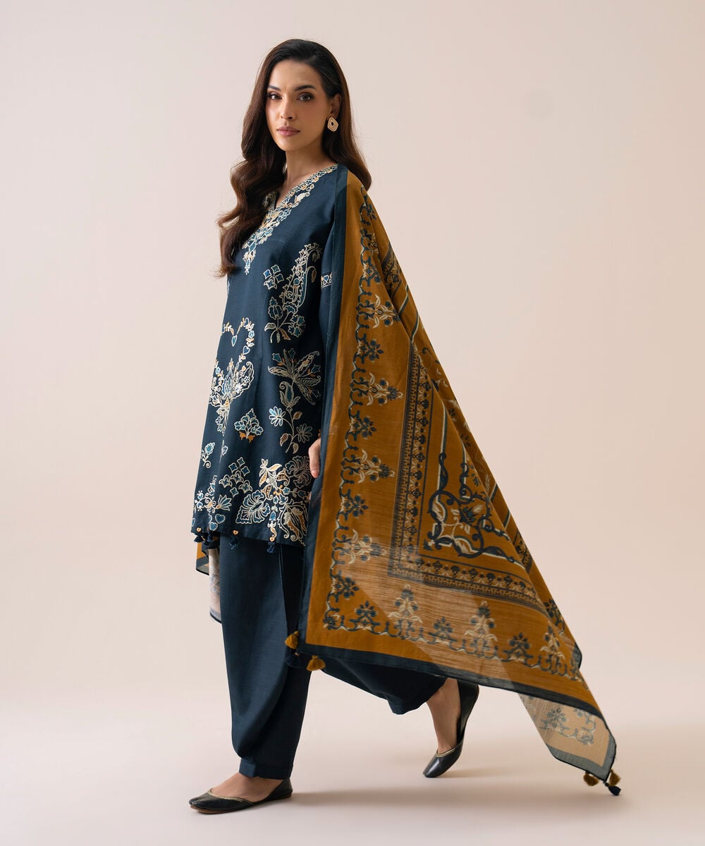 Women's Unstitched Light Khaddar Embroidered Blue 3 Piece Suit