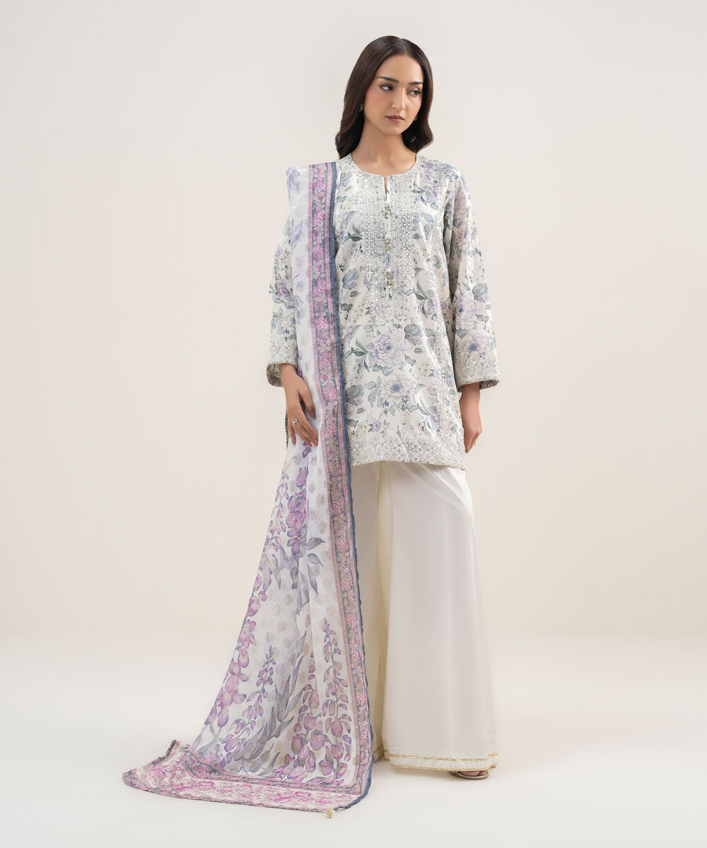 Women's RTW Zari Lawn Embroidered Off White 3 Piece Suit