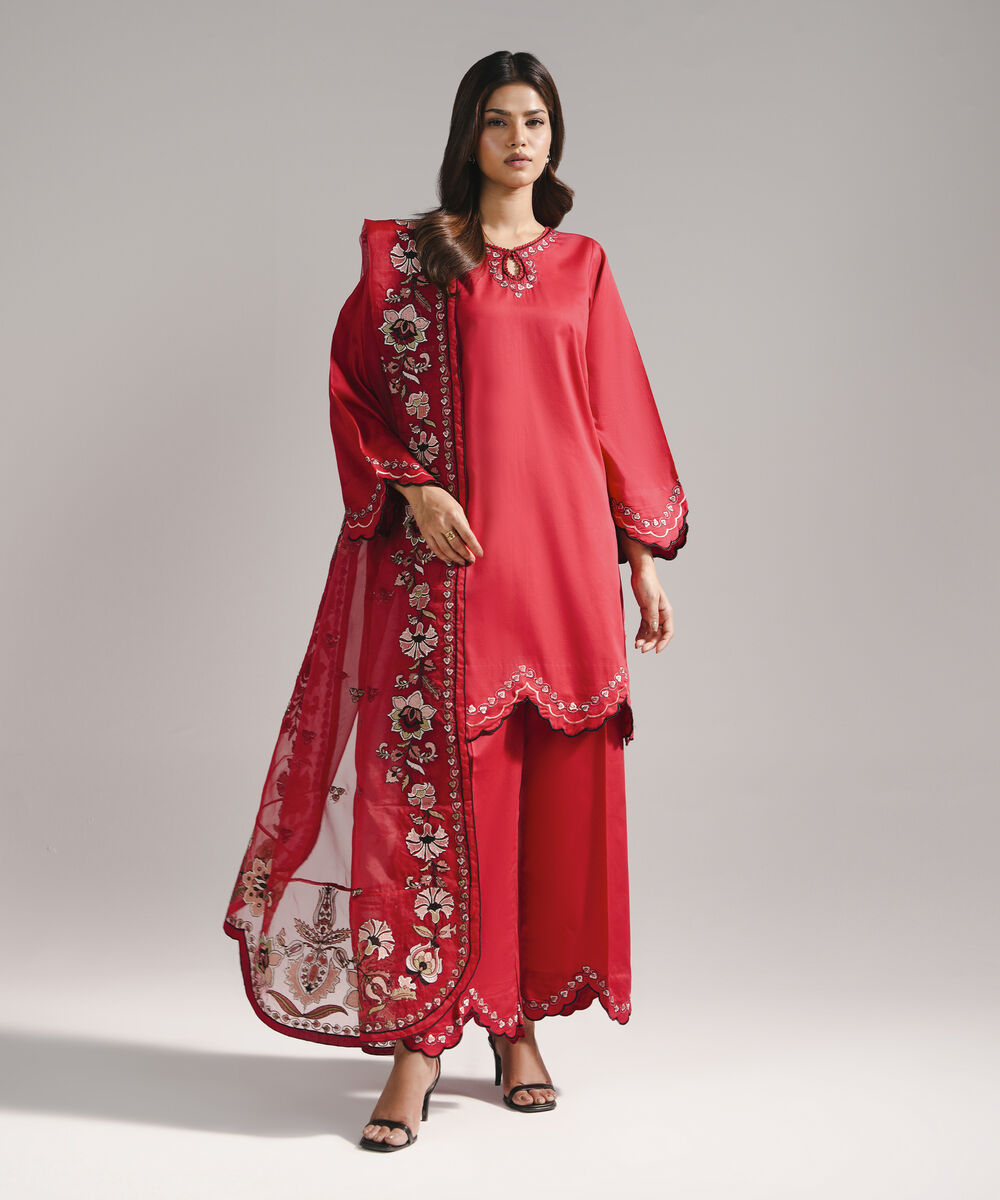 Blended Organza Embroidered Red Dupatta