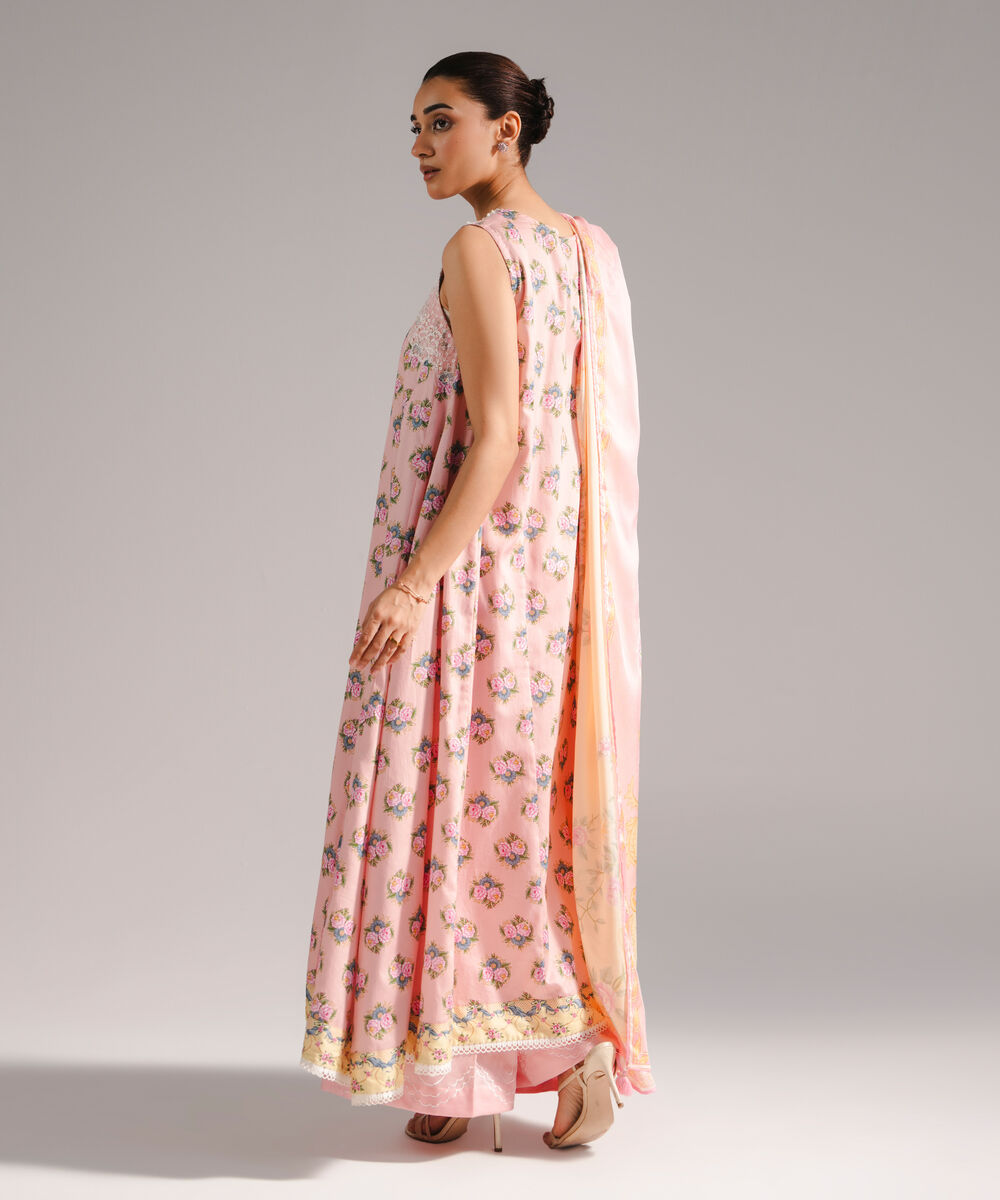 Women's RTW Cotton Satin Embroidered Pink 3 Piece Suit
