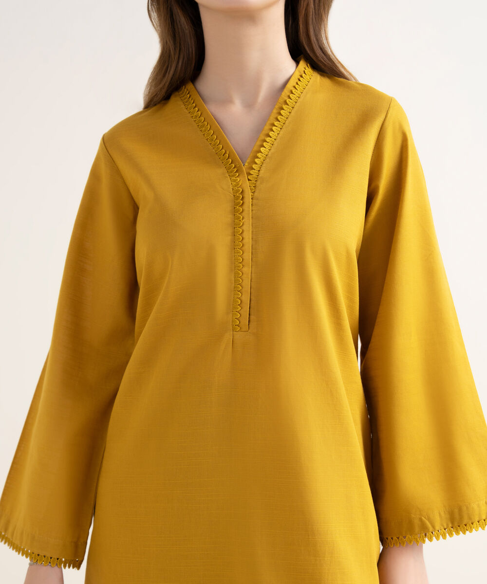 Women's RTW Khaddar Solid Straight Yellow Shirt