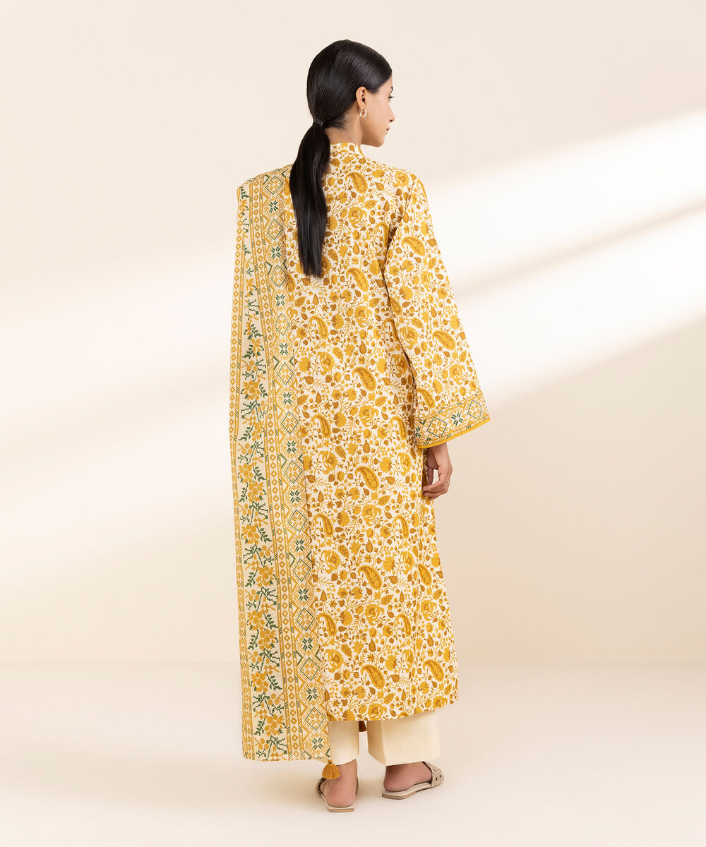 Women's Unstitched Lawn Printed Orange 3 Piece Suit