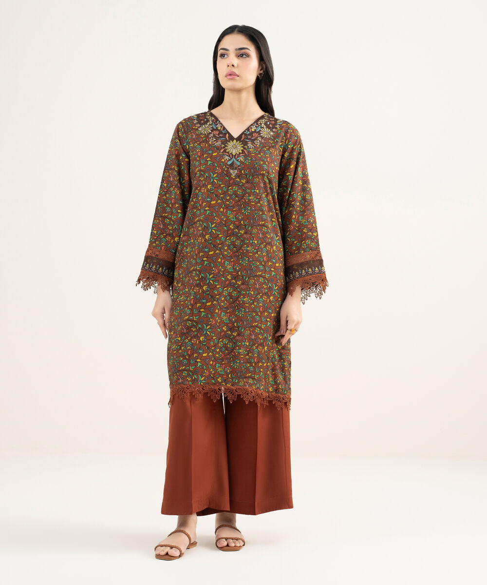 Women's RTW Arabic Cambric Embroidered Brown Straight Shirt