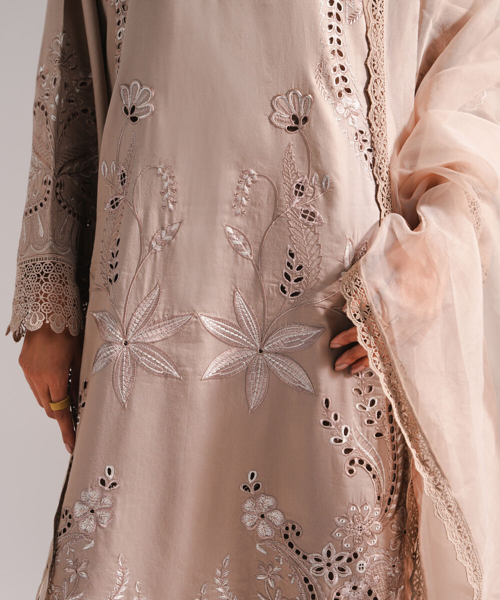 Women's RTW Cotton Satin Embroidered Grey 3 Piece Suit