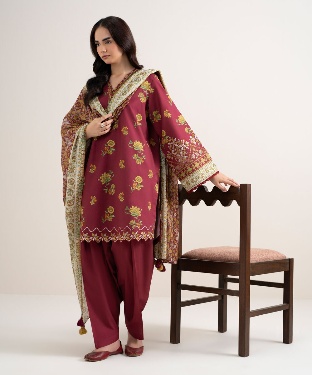 Women's Unstitched Cotton Embroidered Red 3 Piece Suit