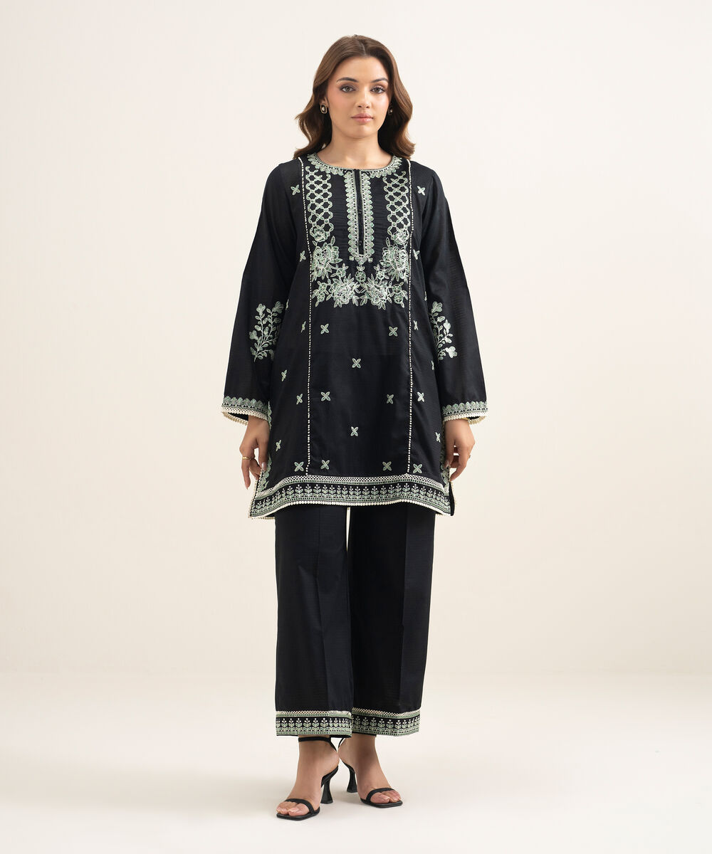 Women's RTW Dobby Embroidered Black A-Line Shirt