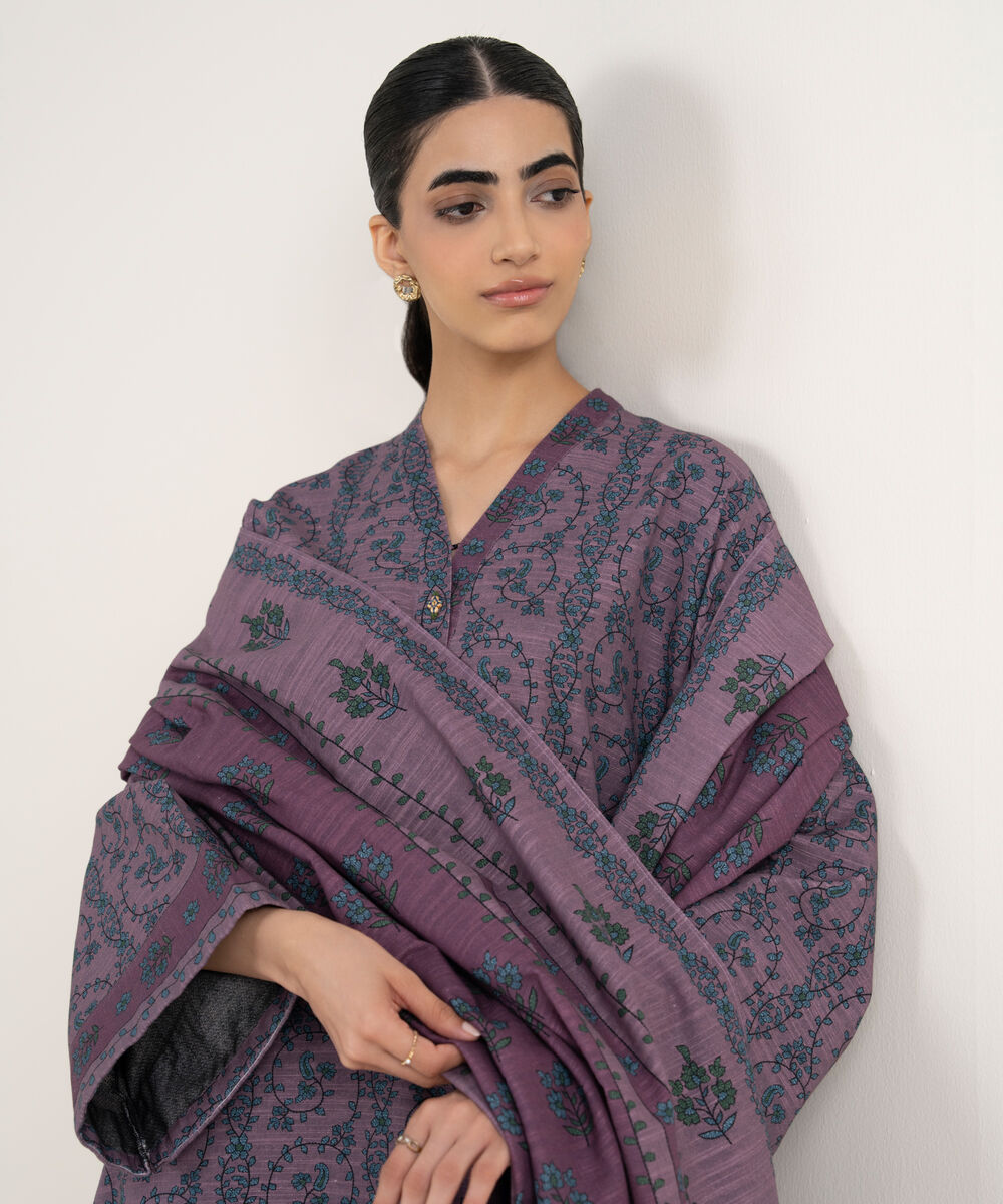 Women's Unstitched Printed Textured Cotton Purple 3 Piece Suit