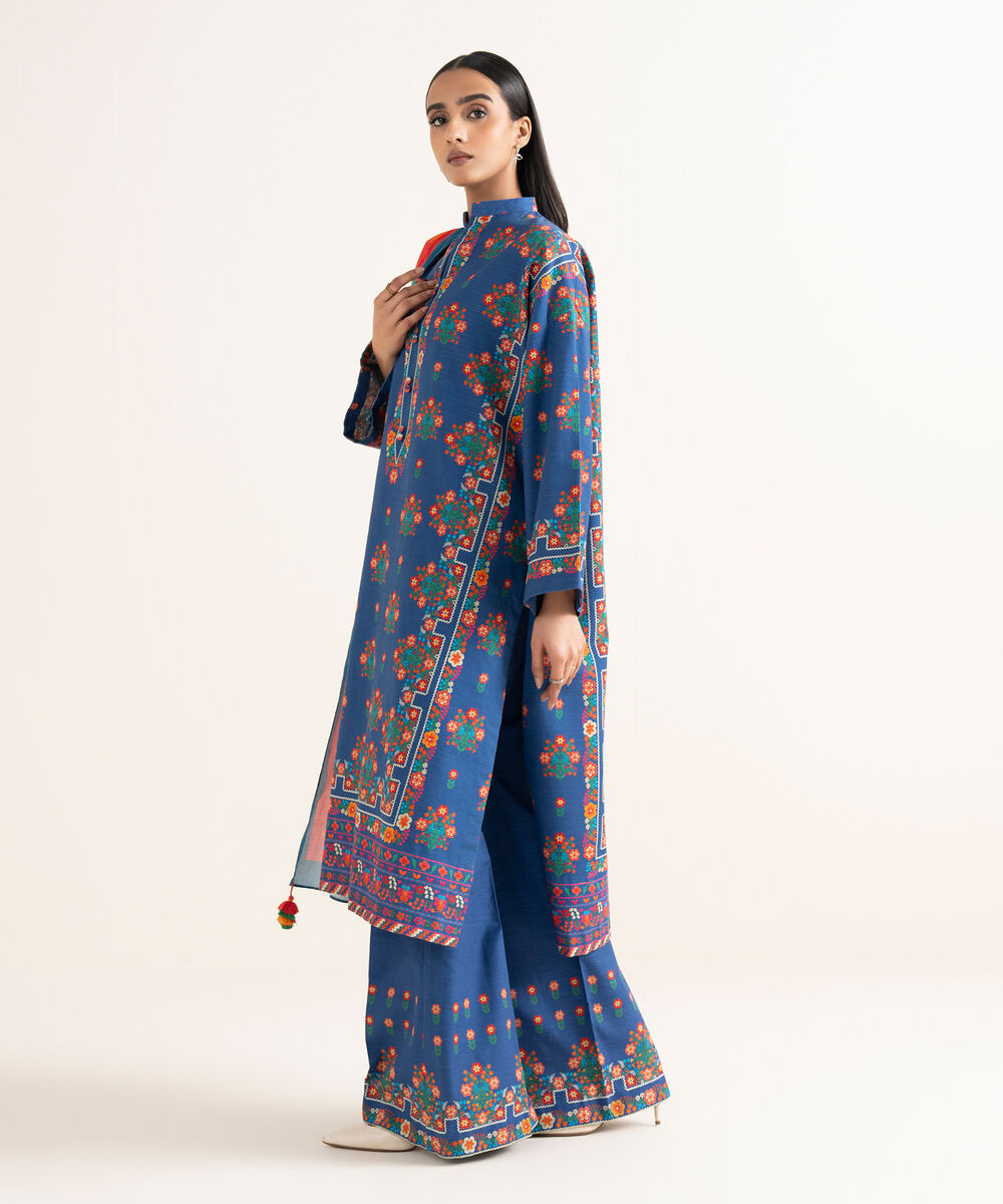 Women's Unstitched Printed Light Khaddar Blue 3 Piece Suit
