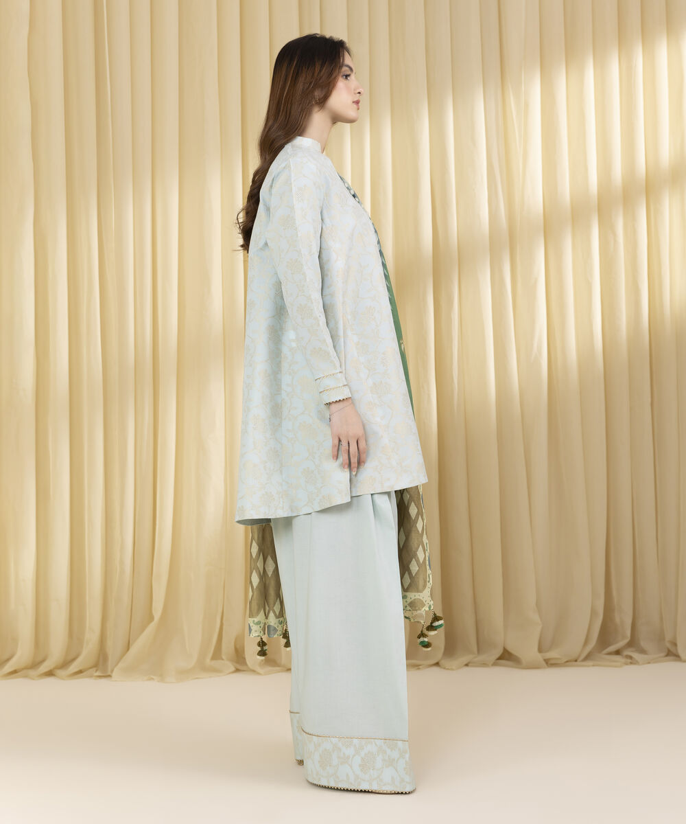 Unstitched Women's Blue Extra Weft Jacquard 3 Piece Suit