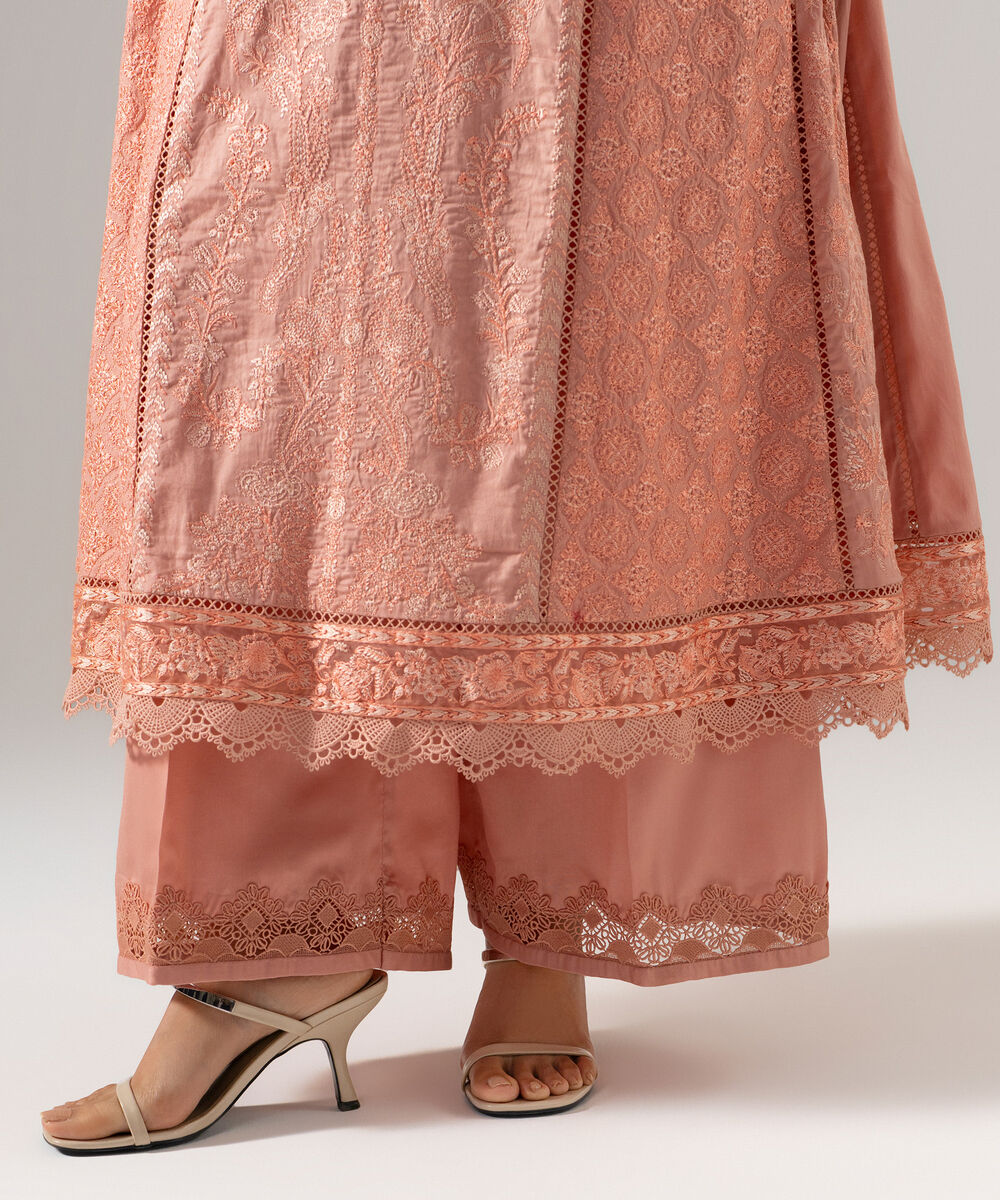 Women's RTW Cotton Satin Solid Embroidered Pink 3 Piece Suit