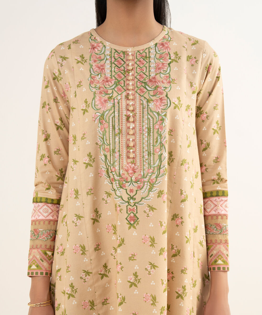 Women's Unstitched Textured Lawn Embroidered Beige 3 Piece Suit