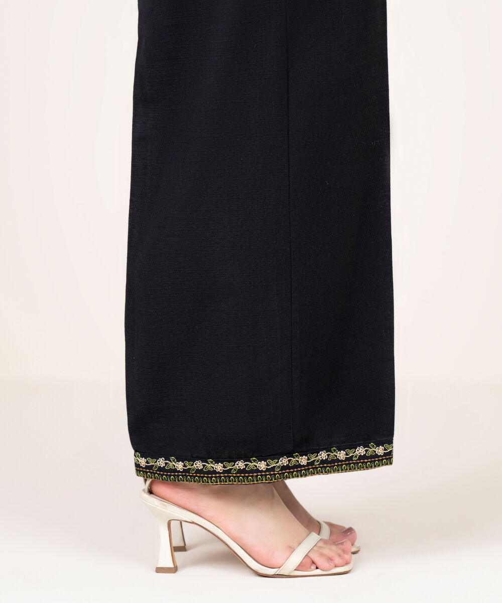 Women's RTW Khaddar Embroidered Black Flared Pants