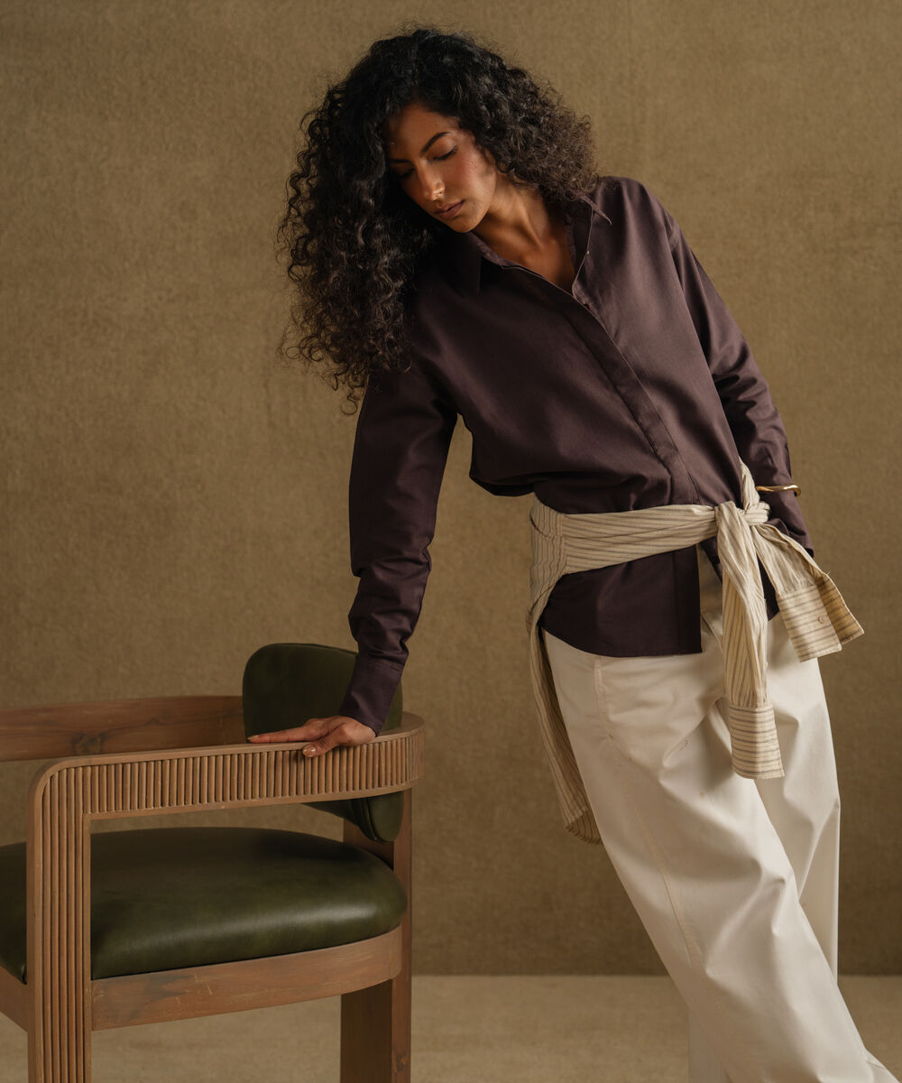 Women's Brown Button Through Linen Blend Shirt