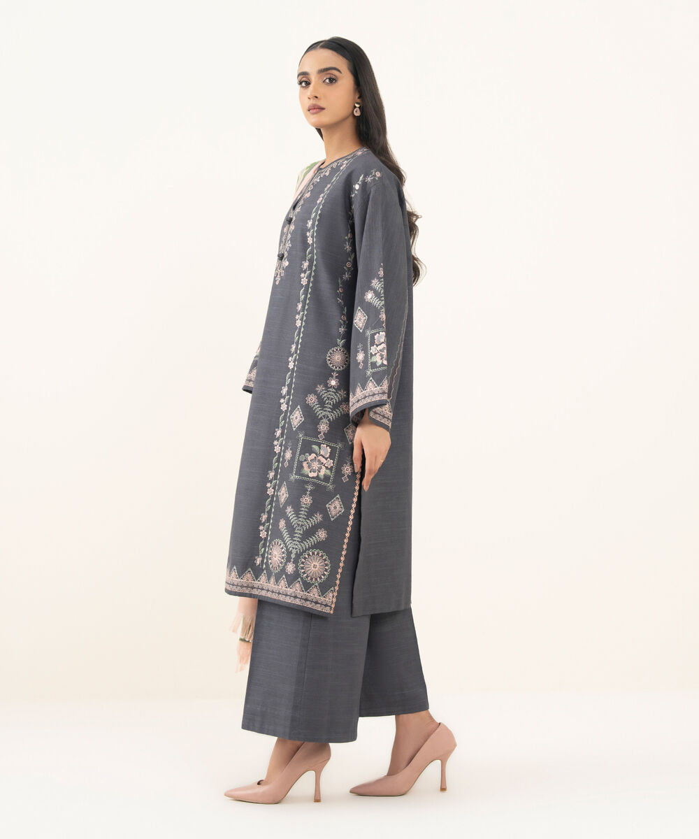 Women's Unstitched Embroidered Zari Khaddar Grey 3 Piece Suit