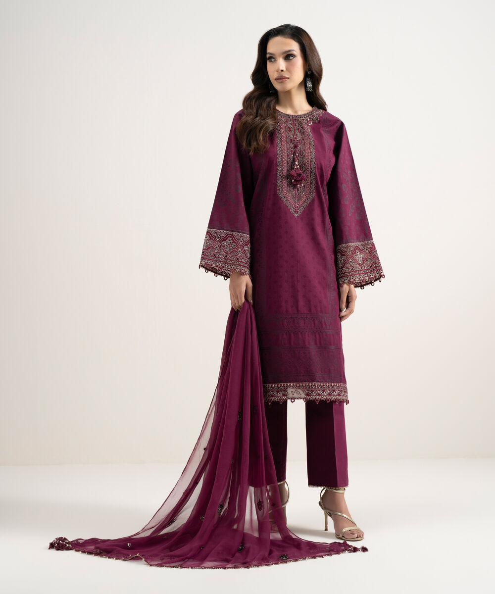 Women's Unstitched Extra Weft Jacquard Embroidered Pink 3 Piece Suit