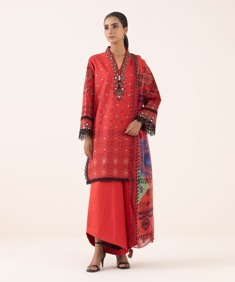 Women's Unstitched Cotton Embroidered Red Three Piece Suit