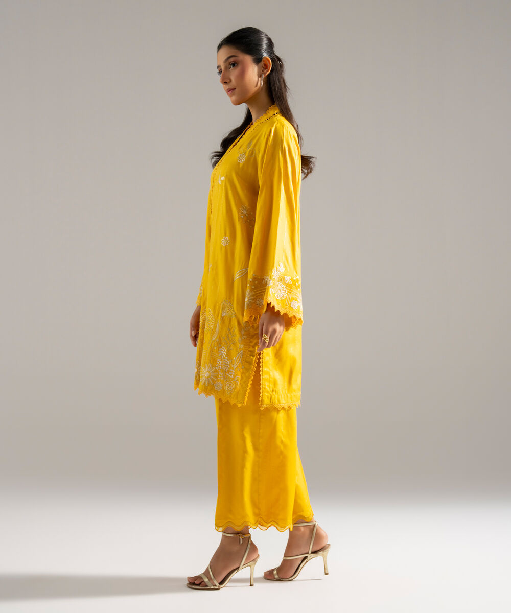 Women's RTW Dobby Crepe Lurix Solid Embroidered Yellow Straight Shirt